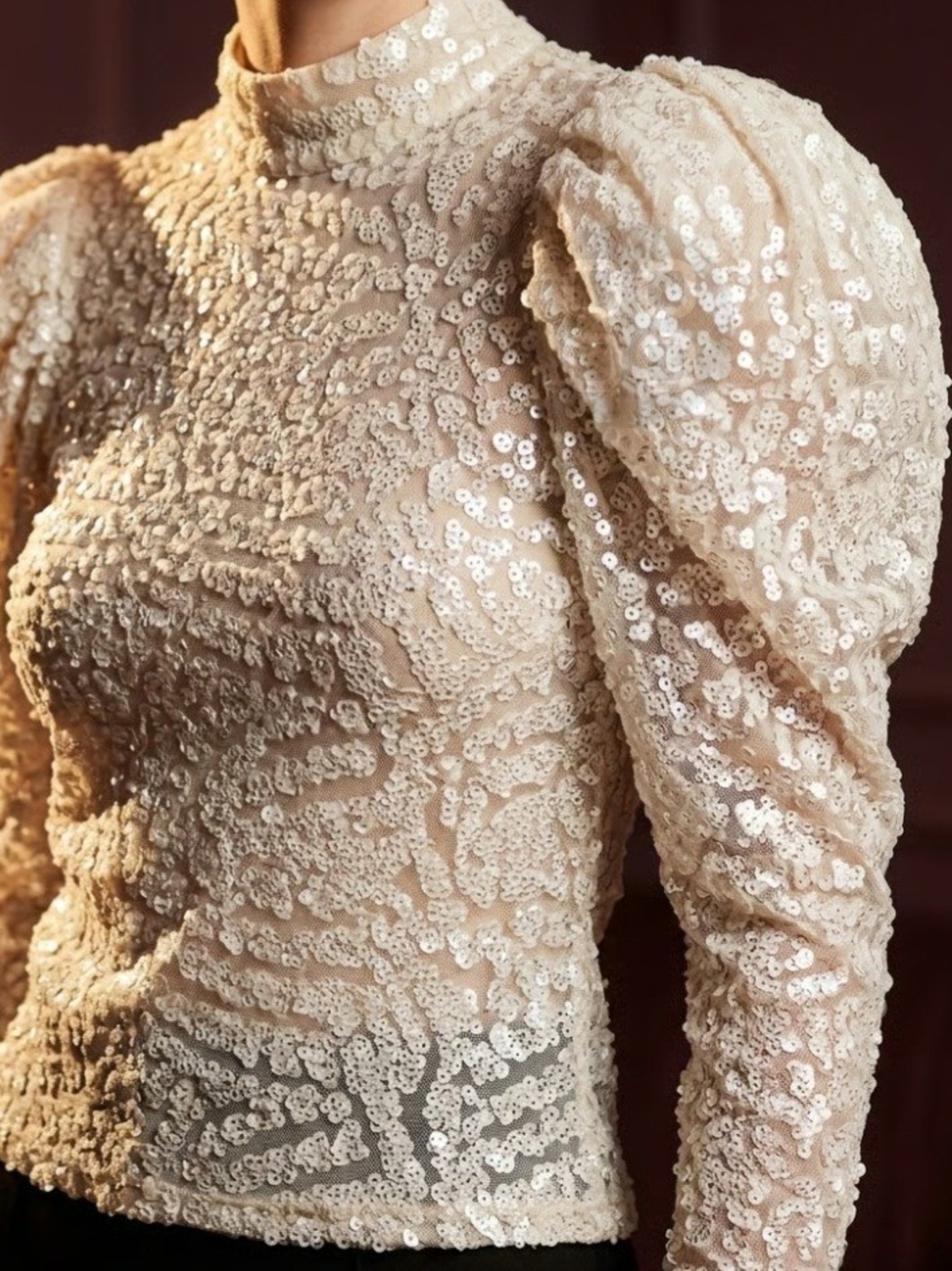 Zara Cream Sequin Lace Puff-Sleeve Dress